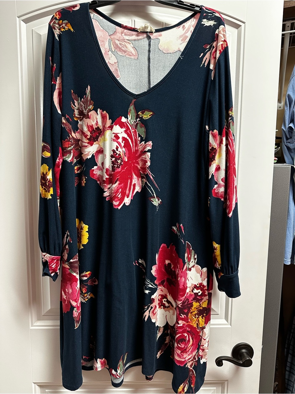 Navy Floral V-Neck Tunic Dress with Pink & Yellow Blooms. 1X.